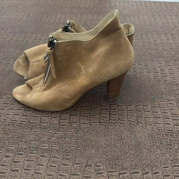 Paul Green Taupe Suede Open Toe Heeled Booties Ankle Boots Zip Peep Toe size 7.5