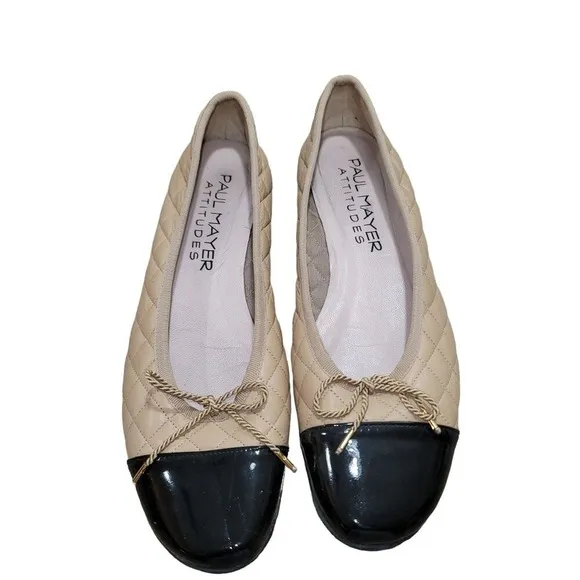 PAUL MAYER Womens's Size 10 Black/Tan Quilted Quilted Ballet Flat Preppy Cottage