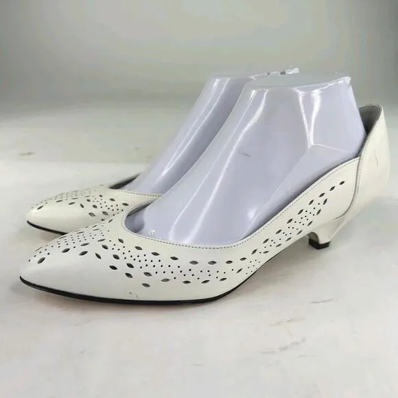 Peacock Alley Women White Leather Pumps US 8.5 M Perforated Dress Shoes Low Heel