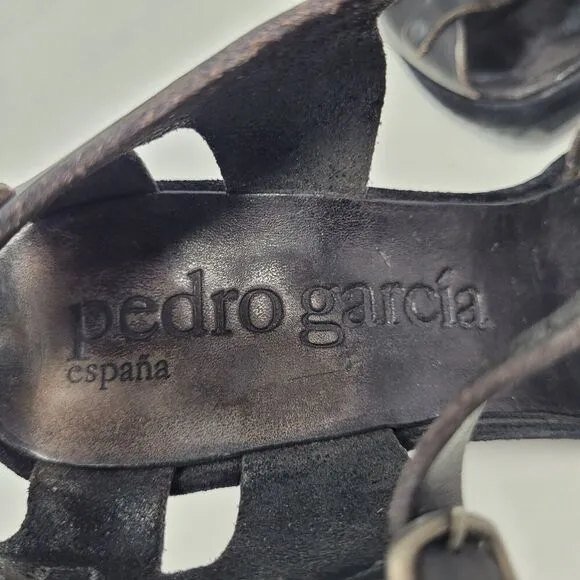 Pedro Garcia Sandals Womens US 8.5 Black Leather Wedge Boho Biker Rocker Buckles