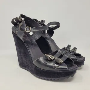 Pedro Garcia Sandals Womens US 8.5 Black Leather Wedge Boho Biker Rocker Buckles
