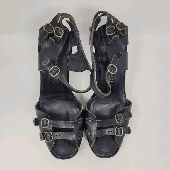 Pedro Garcia Sandals Womens US 8.5 Black Leather Wedge Boho Biker Rocker Buckles