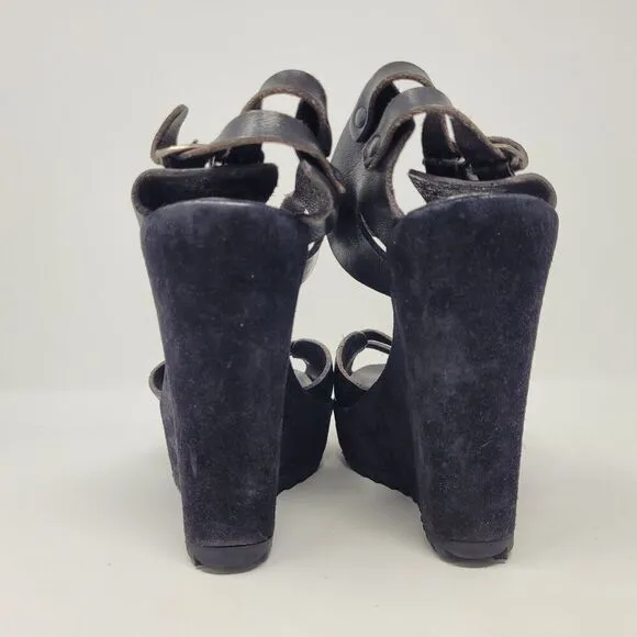 Pedro Garcia Sandals Womens US 8.5 Black Leather Wedge Boho Biker Rocker Buckles