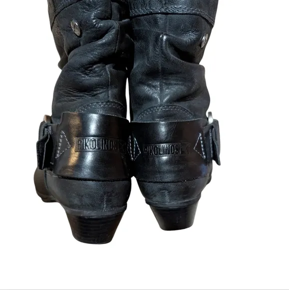 Pikolinos Brujas Black Leather Boots Harness Western Boho size 38 US 7.5-8
