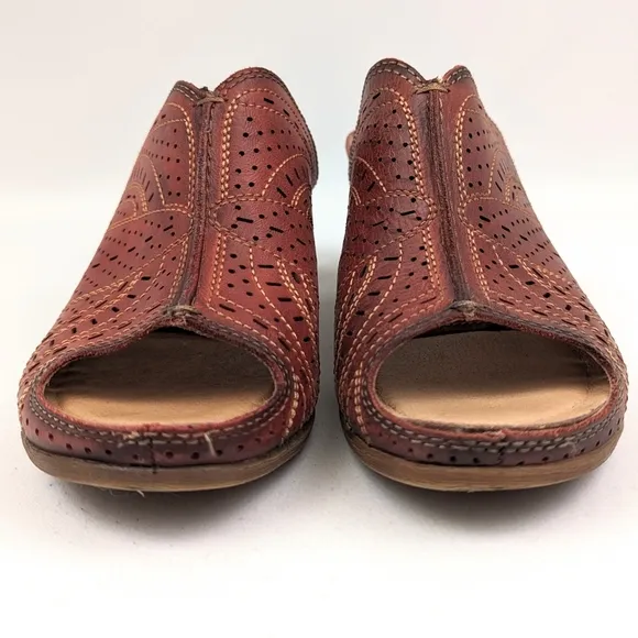 Pikolinos Perforated Leather Mule Open Toe Clog Stacked Heel Boho Hippie Red 8.5