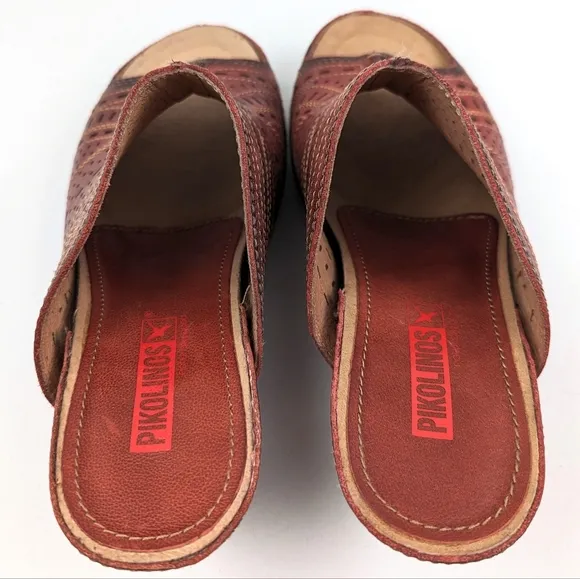 Pikolinos Perforated Leather Mule Open Toe Clog Stacked Heel Boho Hippie Red 8.5