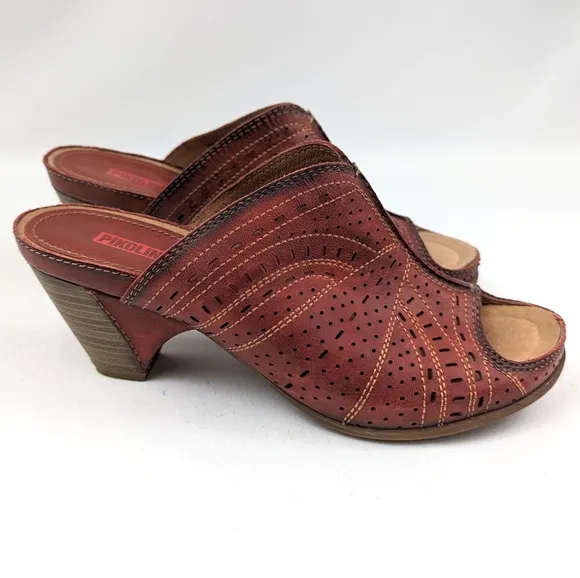Pikolinos Perforated Leather Mule Open Toe Clog Stacked Heel Boho Hippie Red 8.5