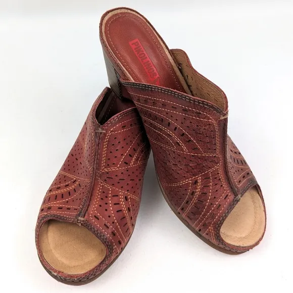 Pikolinos Perforated Leather Mule Open Toe Clog Stacked Heel Boho Hippie Red 8.5