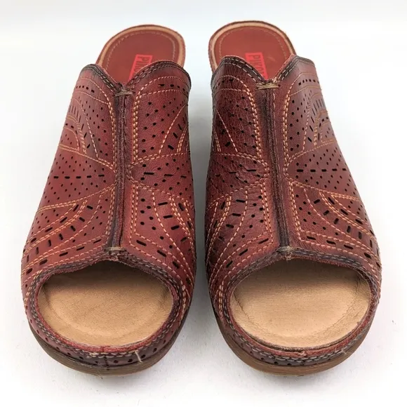 Pikolinos Perforated Leather Mule Open Toe Clog Stacked Heel Boho Hippie Red 8.5