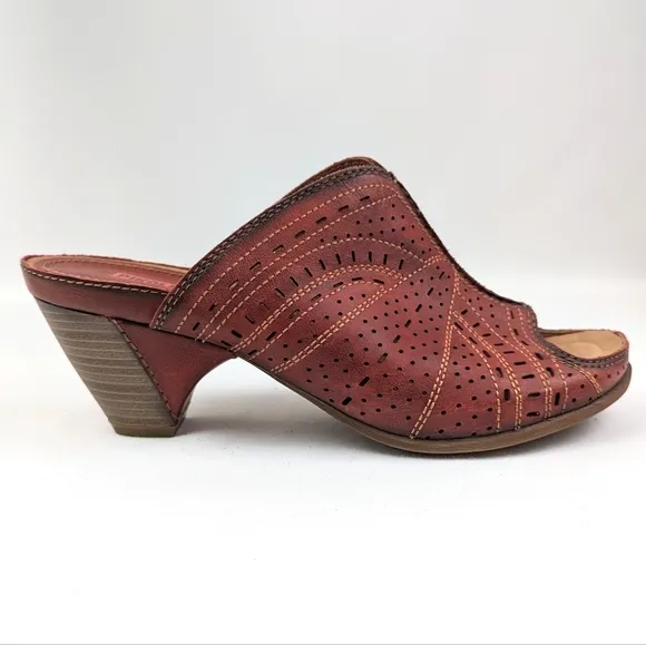 Pikolinos Perforated Leather Mule Open Toe Clog Stacked Heel Boho Hippie Red 8.5