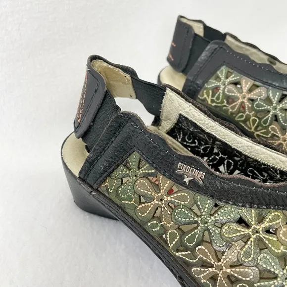 Pikolinos Romana Slingback Sandals Green Floral Cutout Slip On Heels Pumps 37
