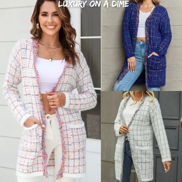 Plaid Retro Knit Colorful Fringe Faux Fur Hem Longline Sweater Cardigan Pink