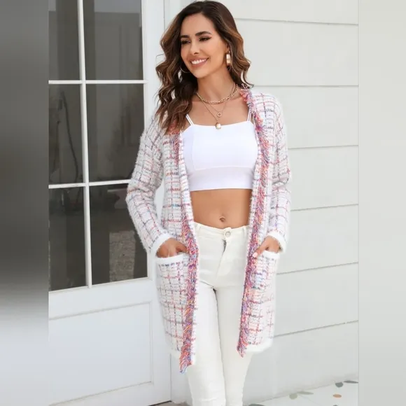 Plaid Retro Knit Colorful Fringe Faux Fur Hem Longline Sweater Cardigan Pink