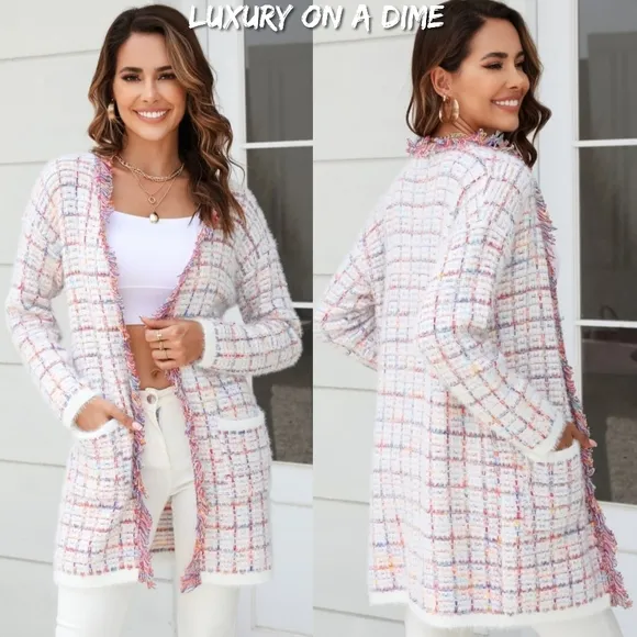 Plaid Retro Knit Colorful Fringe Faux Fur Hem Longline Sweater Cardigan Pink