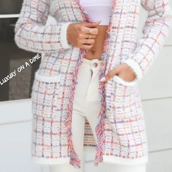 Plaid Retro Knit Colorful Fringe Faux Fur Hem Longline Sweater Cardigan Pink
