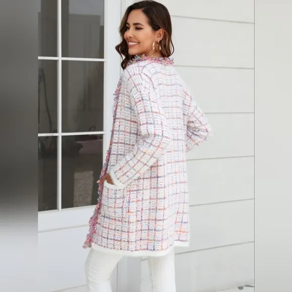 Plaid Retro Knit Colorful Fringe Faux Fur Hem Longline Sweater Cardigan Pink