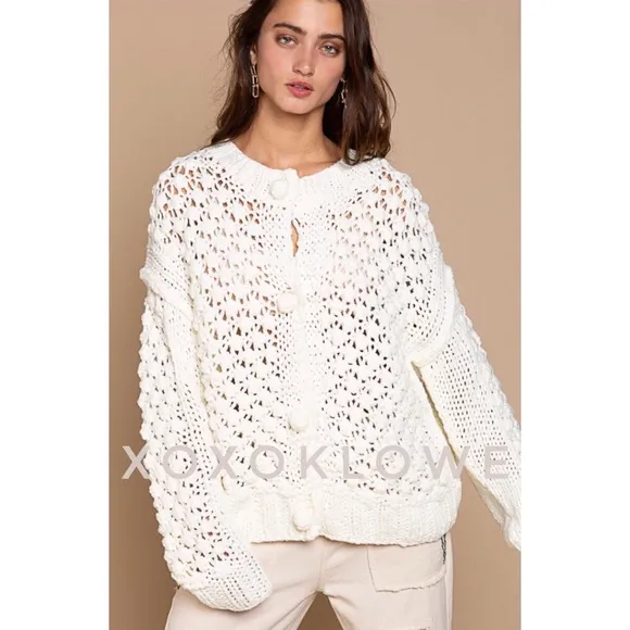 POL Ivory Crochet Pom Pom Cardigan Button Front Relaxed Fit