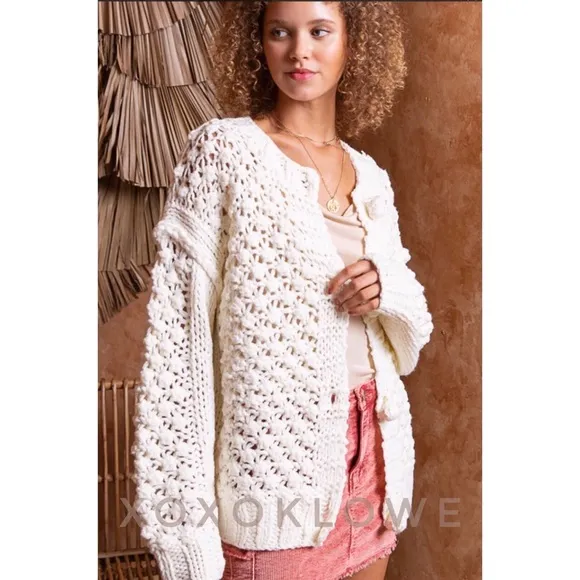 POL Ivory Crochet Pom Pom Cardigan Button Front Relaxed Fit