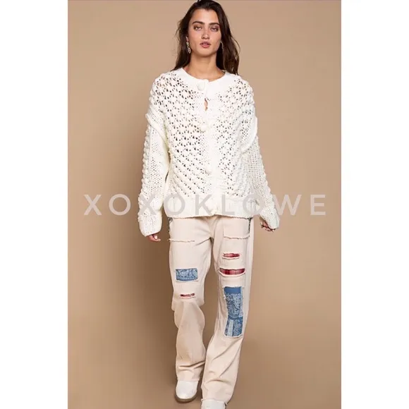 POL Ivory Crochet Pom Pom Cardigan Button Front Relaxed Fit