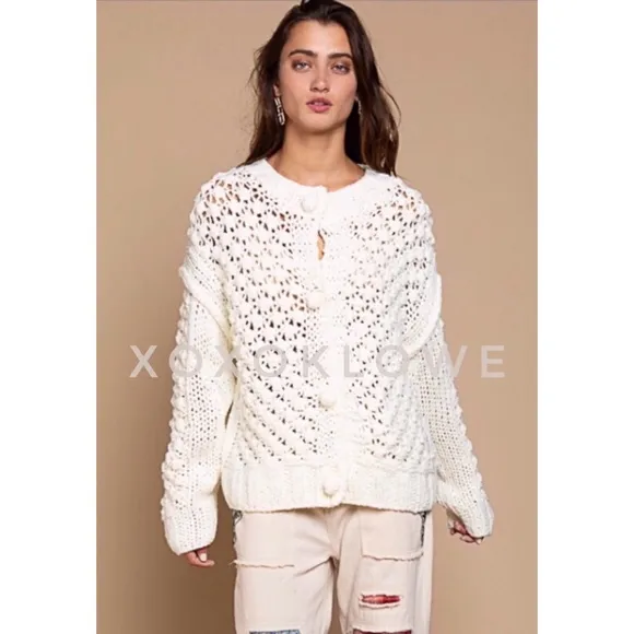 POL Ivory Crochet Pom Pom Cardigan Button Front Relaxed Fit