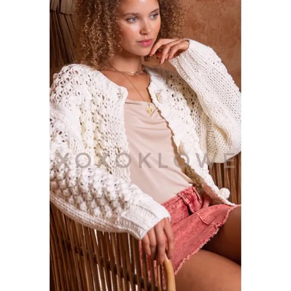 POL Ivory Crochet Pom Pom Cardigan Button Front Relaxed Fit