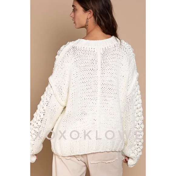 POL Ivory Crochet Pom Pom Cardigan Button Front Relaxed Fit