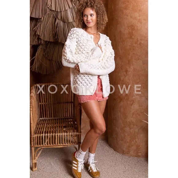 POL Ivory Crochet Pom Pom Cardigan Button Front Relaxed Fit