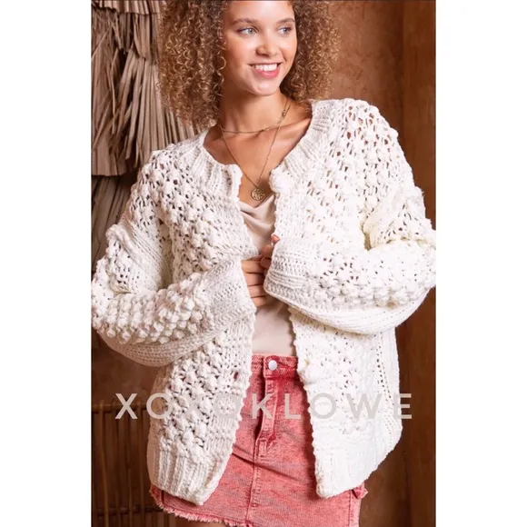 POL Ivory Crochet Pom Pom Cardigan Button Front Relaxed Fit