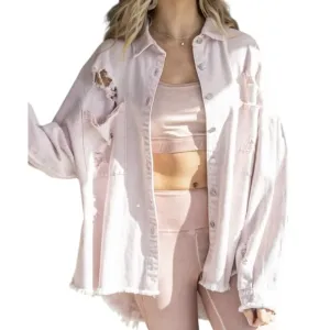 POL Light Pink Oversized Boho Cowgirl Western Distressed Denim Jacket Shirt Sz L