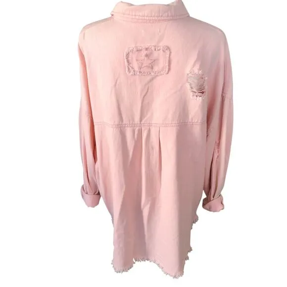 POL Light Pink Oversized Boho Cowgirl Western Distressed Denim Jacket Shirt Sz L