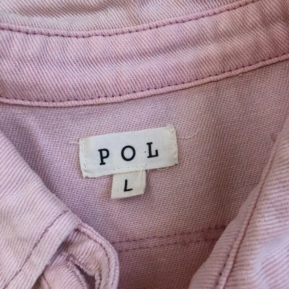 POL Light Pink Oversized Boho Cowgirl Western Distressed Denim Jacket Shirt Sz L