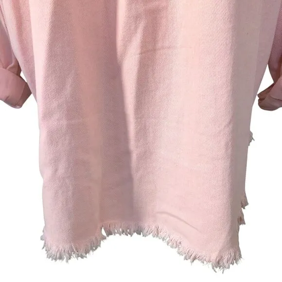 POL Light Pink Oversized Boho Cowgirl Western Distressed Denim Jacket Shirt Sz L