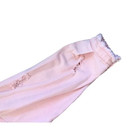 POL Light Pink Oversized Boho Cowgirl Western Distressed Denim Jacket Shirt Sz L
