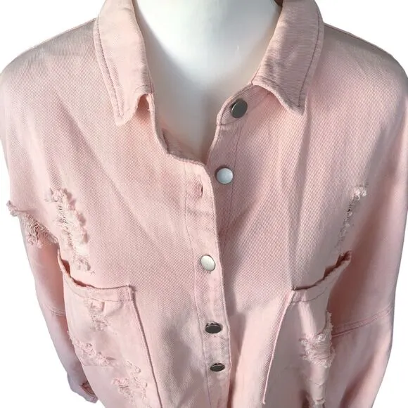 POL Light Pink Oversized Boho Cowgirl Western Distressed Denim Jacket Shirt Sz L
