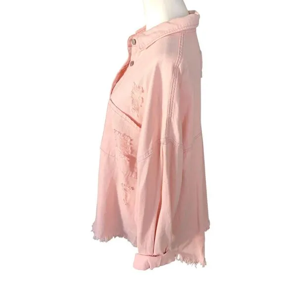 POL Light Pink Oversized Boho Cowgirl Western Distressed Denim Jacket Shirt Sz L