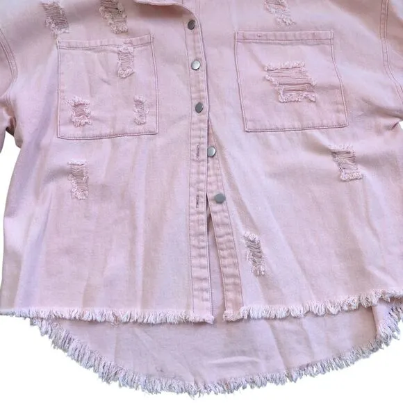 POL Light Pink Oversized Boho Cowgirl Western Distressed Denim Jacket Shirt Sz L