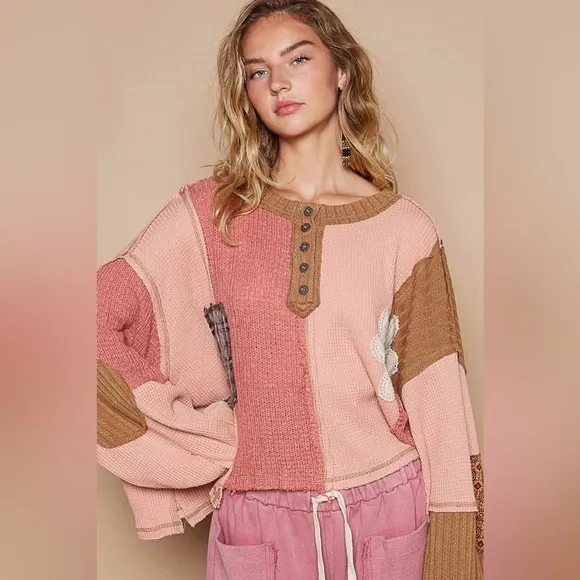 POL Oversized Patchwork Sweater in Apricot Multi | Boho Luxe Knit