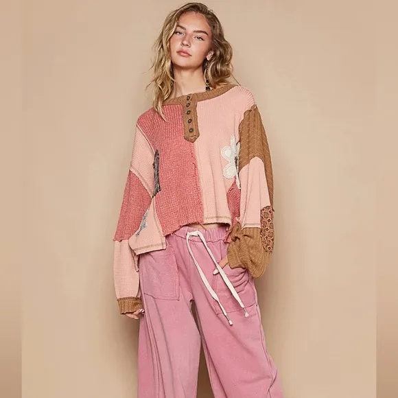 POL Oversized Patchwork Sweater in Apricot Multi | Boho Luxe Knit