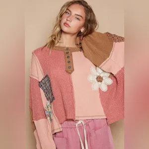 POL Oversized Patchwork Sweater in Apricot Multi | Boho Luxe Knit