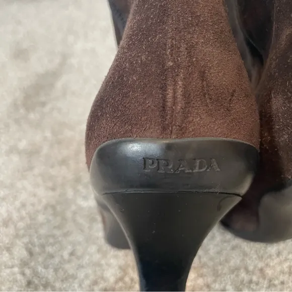 PRADA- Suede Sock Boot Kitten Heel Brown Suede Women’s Size 39 Authentic Vintage