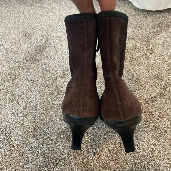PRADA- Suede Sock Boot Kitten Heel Brown Suede Women’s Size 39 Authentic Vintage