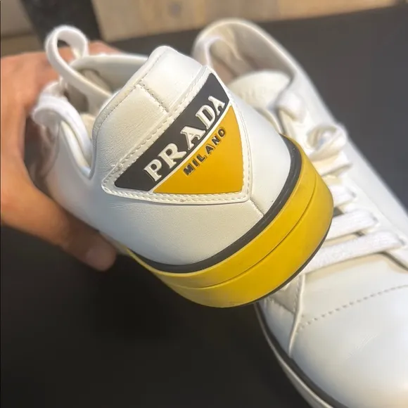 Prada White and Yellow Sneakers Classic Design