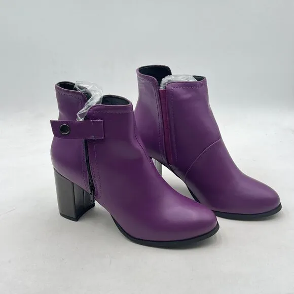 Purple Classic Side Zipper Ankle Booties Round Toe Chunky Heels Travel Boots
