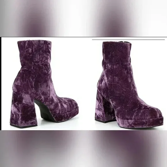 Purple Rain Crush Velvet  Platform Block Heel Retro Festival Boots