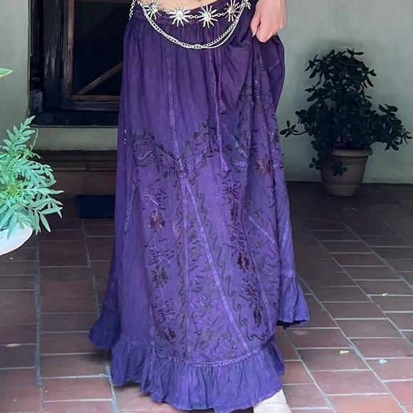 Purple VintageVibe Maxi Skirt Floral Patchwork and Embroidery