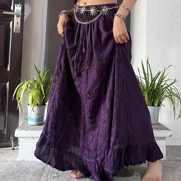 Purple VintageVibe Maxi Skirt Floral Patchwork and Embroidery
