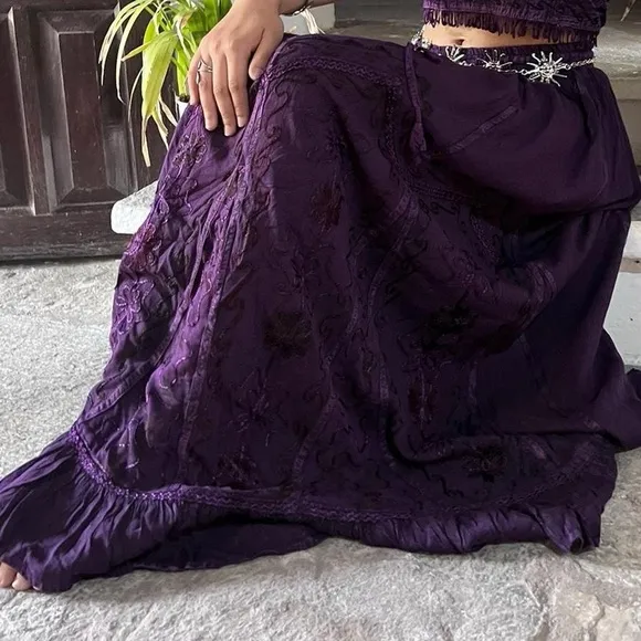 Purple VintageVibe Maxi Skirt Floral Patchwork and Embroidery