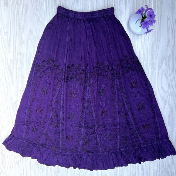 Purple VintageVibe Maxi Skirt Floral Patchwork and Embroidery
