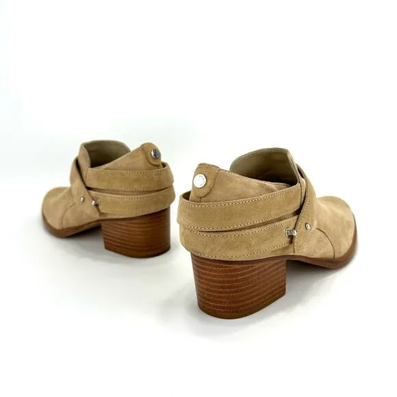 RAG &amp; BONE &quot;HARLEY&quot; DUNE TAN SUEDE BELTED ALMOND TOE STOCK BLOCK HEEL MOTO BOOT