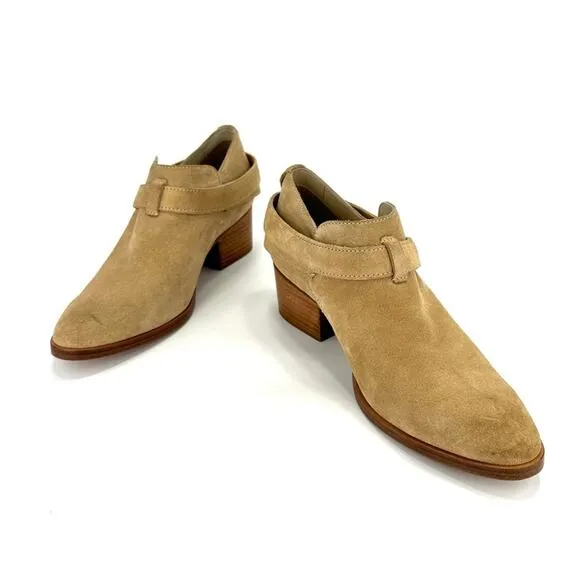 RAG &amp; BONE &quot;HARLEY&quot; DUNE TAN SUEDE BELTED ALMOND TOE STOCK BLOCK HEEL MOTO BOOT